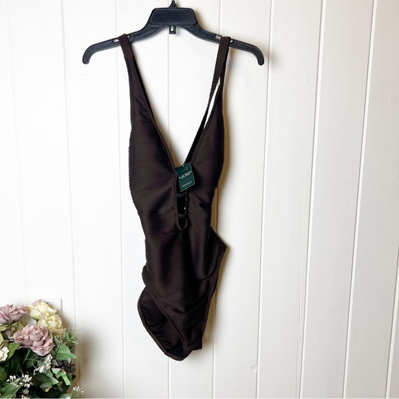 Ralph Lauren Brown Solid Ottoman Crossback One piece Swimsuit size 12 NWT - Picture 3 of 11